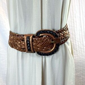 Chicos Sz S Woven Wide Leather Belt Brown & Bronze Wrapped Buckle flex sizing